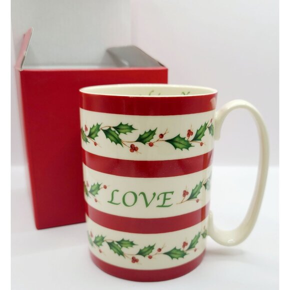 Lenox Wishing You Love Holiday Mug Cup Holly Berry Red Stripe Holiday Wishes - Picture 1 of 10